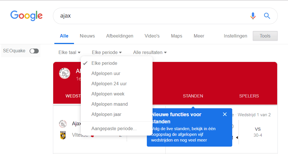 In Google Search ga je via 'Tools' naar 'Elke periode' om een periode te selecteren voor de weer te geven zoekresultaten.