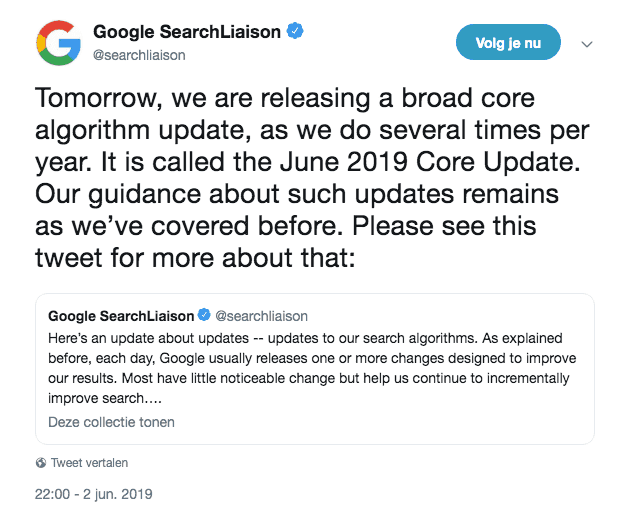Aankondiging June 2019 Core Update door Google Search Liaison op Twitter.